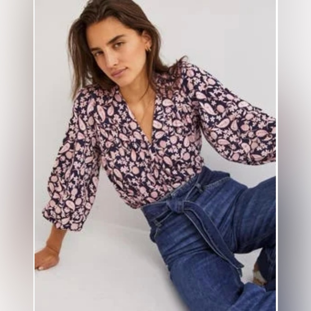 Boden Women’s Floral V-neck Cotton Jersey Flowy Boho Peasant Top 4 Small